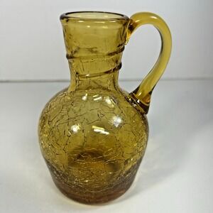 Vintage Amber Crackle Glass Mini Pitcher Handled Art Glass Vase 5"